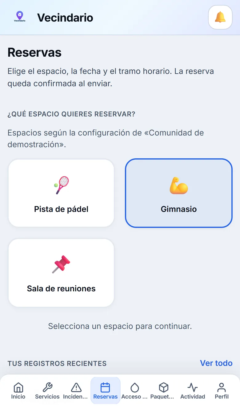 Vecindario — reservas en móvil